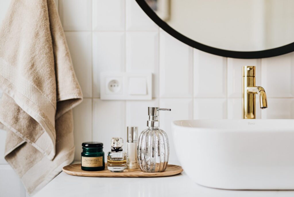 skin products next to a sink