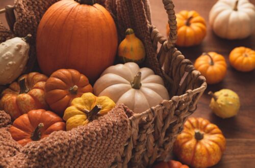 pumpkins in a basket in warm autumn colors, cozy fall scene for frugal habits and money saving-ideas