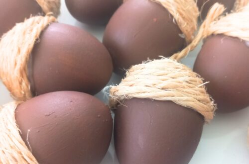 Close-up of finished acorns made from eggshells and twine for autumn decorations