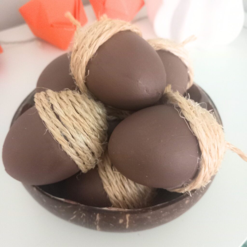 eggshell acorns Finished DIY fall craft of acorns made from eggshells and twine