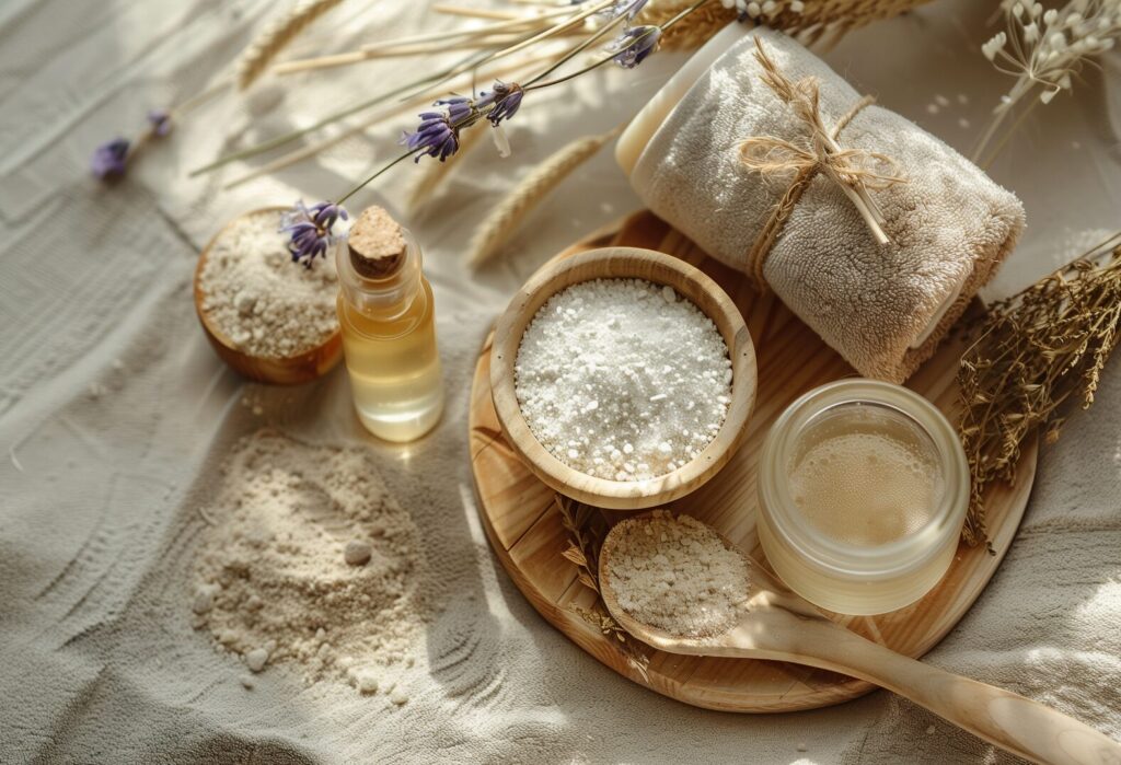 Natural ingredients in small bowls arranged on a tray for making DIY face masks as part of a frugal skincare routine.