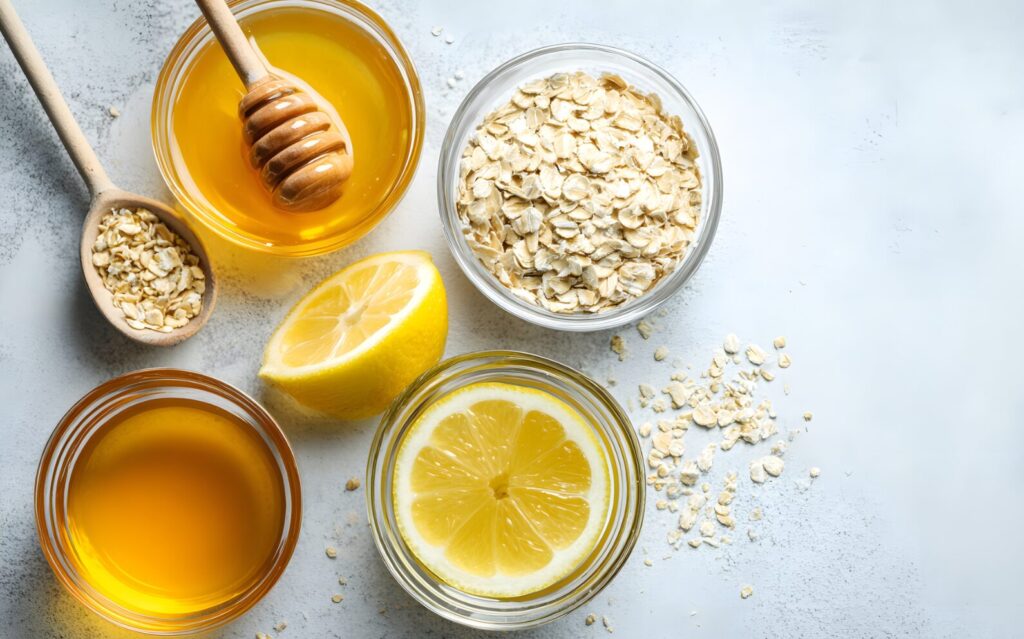 Natural ingredients in small bowls prepared for making a DIY face mask at home: oats, honey and lemon